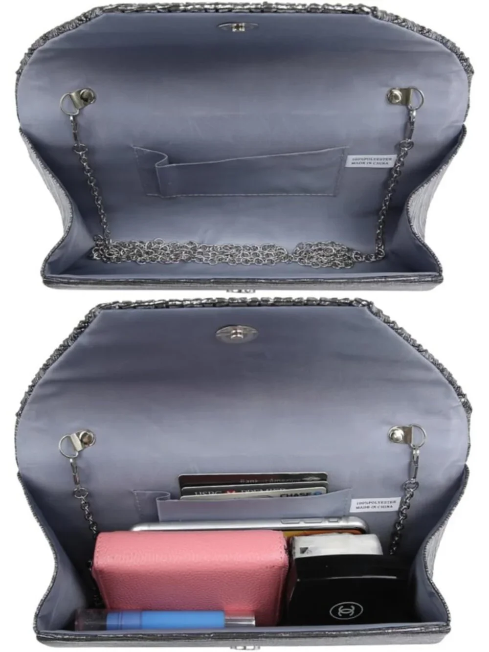 Women’s Grey Clutch Purse With Detachable Chain Wedding Formal Evening Bag